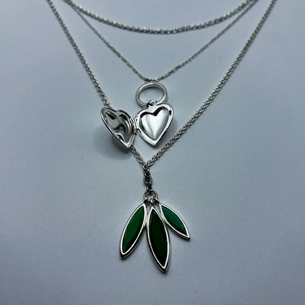 Apt. 9 Silver Tone Triple Strand Layered Heart Locket‎ Green Leaf Necklace 19
